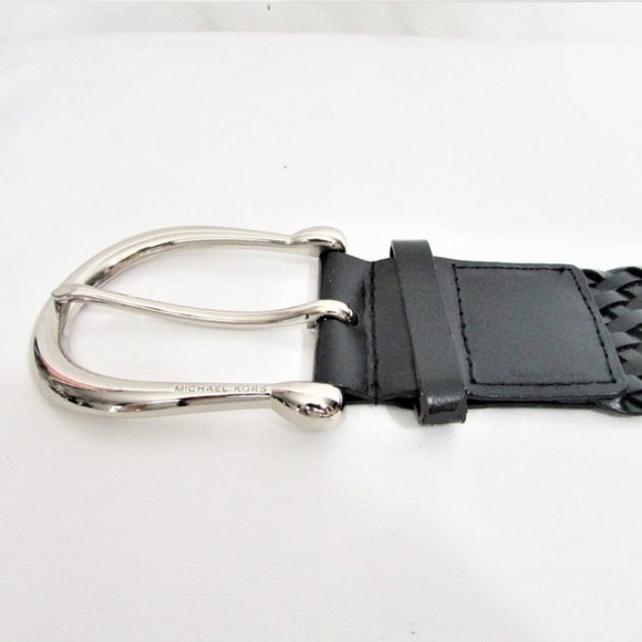 MICHAEL KORS Blk Braided Bonded Leather Belt Large Shiny Silver Buckle 2\